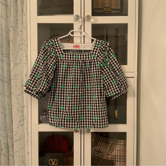 Kate Spade Blossom Gingham Cotton Top Square Neck Black White Green Size XXS - Picture 4 of 10